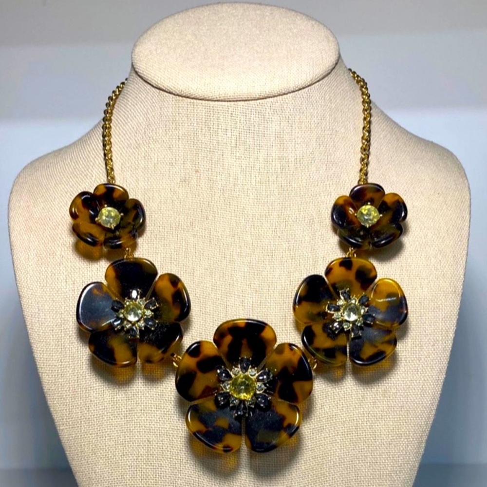 Talbots Tortoise Shell & Rhinestone Floral Statement Necklace